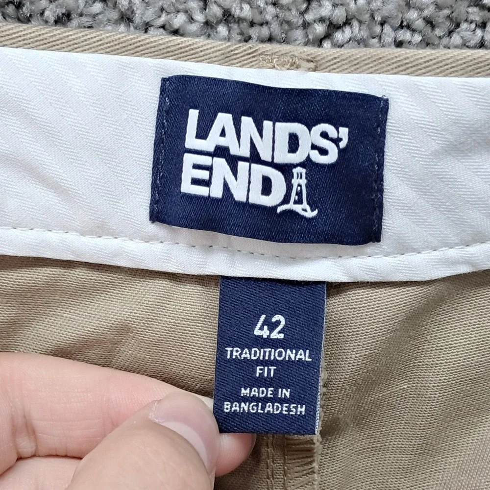 Lands End Mens 42 Traditional Fit Pleated Chino Pants Khaki Tan Cotton